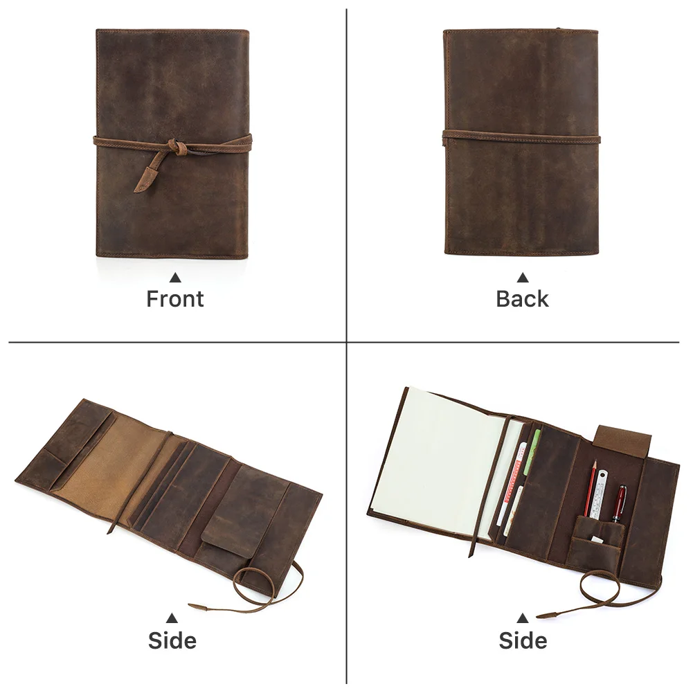 دفتر ملاحظات متقدم من الجلد المحبب بالكامل A5 قابل لإعادة الملء بخصم 70% على مجموعة Crazy Horse مع ختم ربطة عنق من الجلد 23X16.4X 2.5 سم