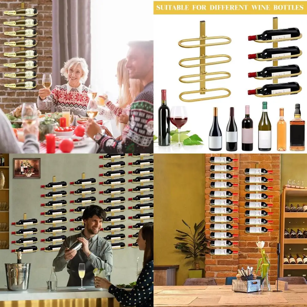 

Golden Metal Wall-Mounted Wine Rack for 8 Bottles - Kitchen, Dining, and Bar Organizer