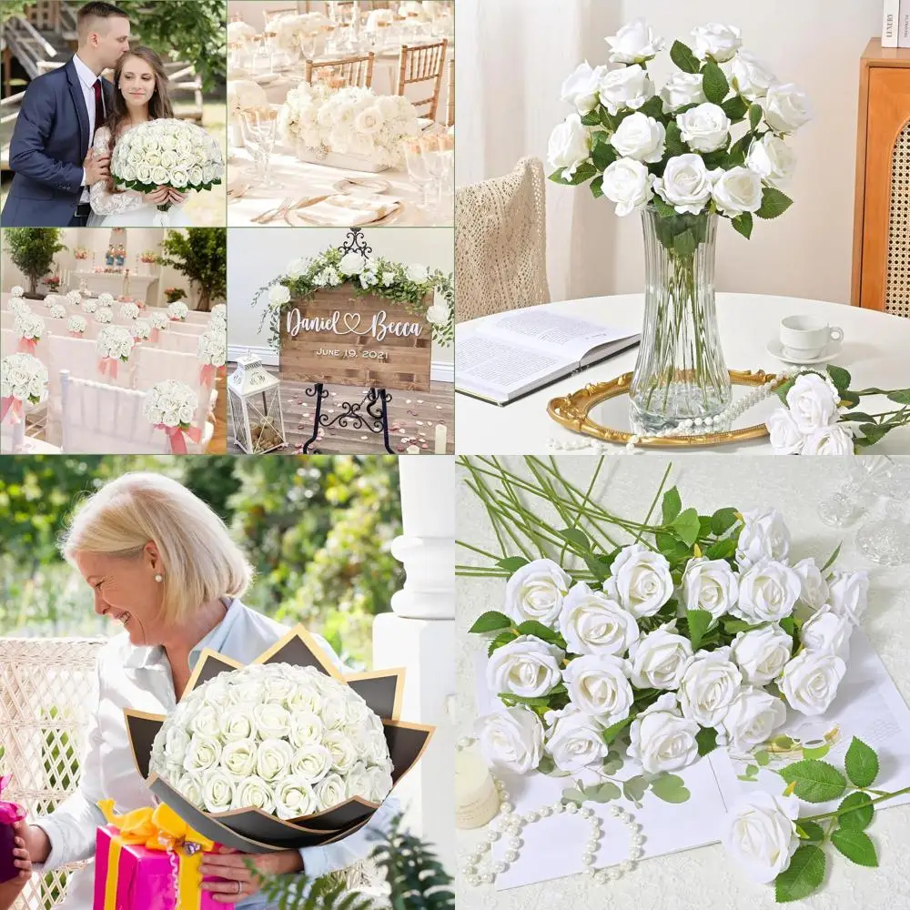 

100 штук реалистичных белых роз с бархатистой текстурой для свадеб, центральных композиций и особых случаев