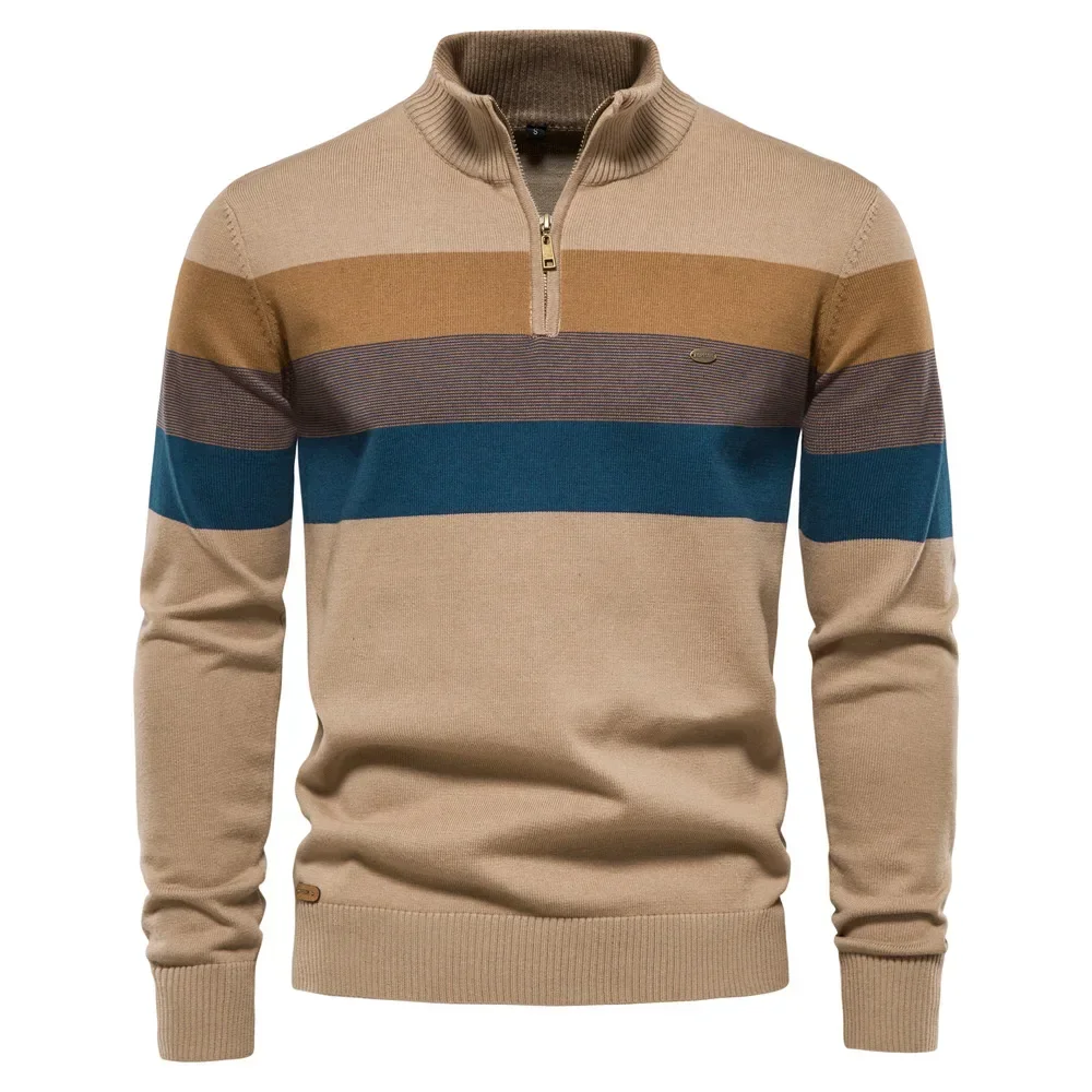 Autumn Winter Men's Sweater Half High Collar Color Matching Stripe Pullover High-quality Male Business Casual Knitwear Sweaters