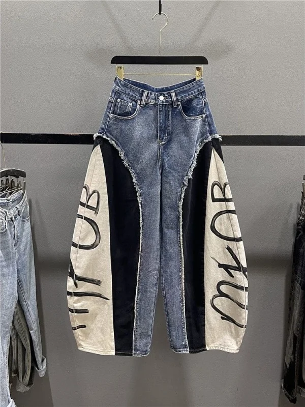 High Waist Loose Wide Leg American Style Patchwork Jeans Women's Street Dance Jeans Knife  Design Summer Fashion plus Size