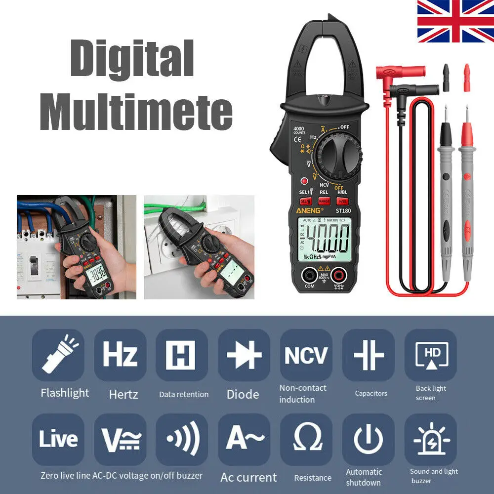 LCD Digital Handheld Multimeter Tester AC DC Volt Ohm Amp Clamp Meter Auto Range