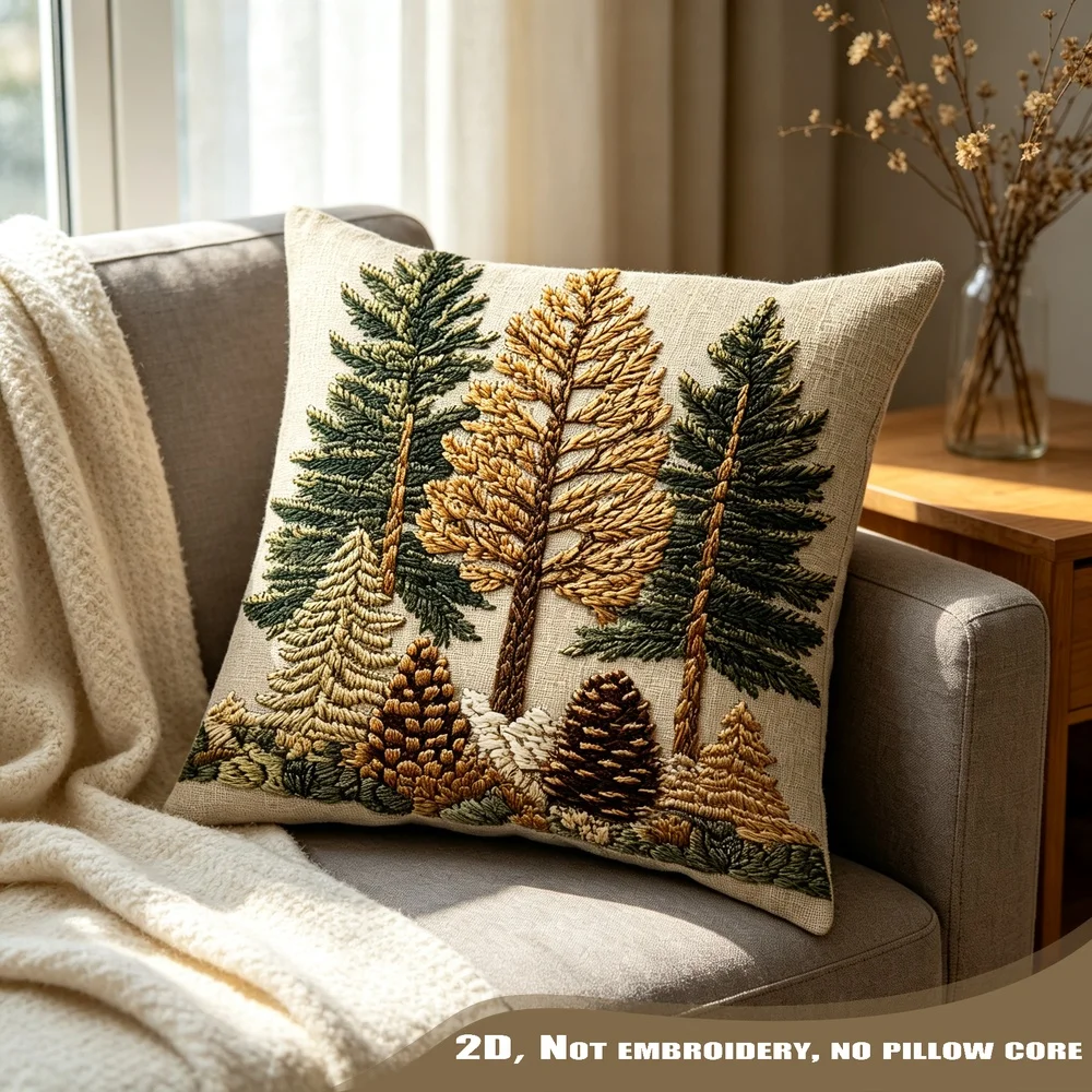 2PCS Boho Pine Tree Forest Pillow CoverPolyester Cushion Case for Sofa Couch Living Room Bedroom Home Decor