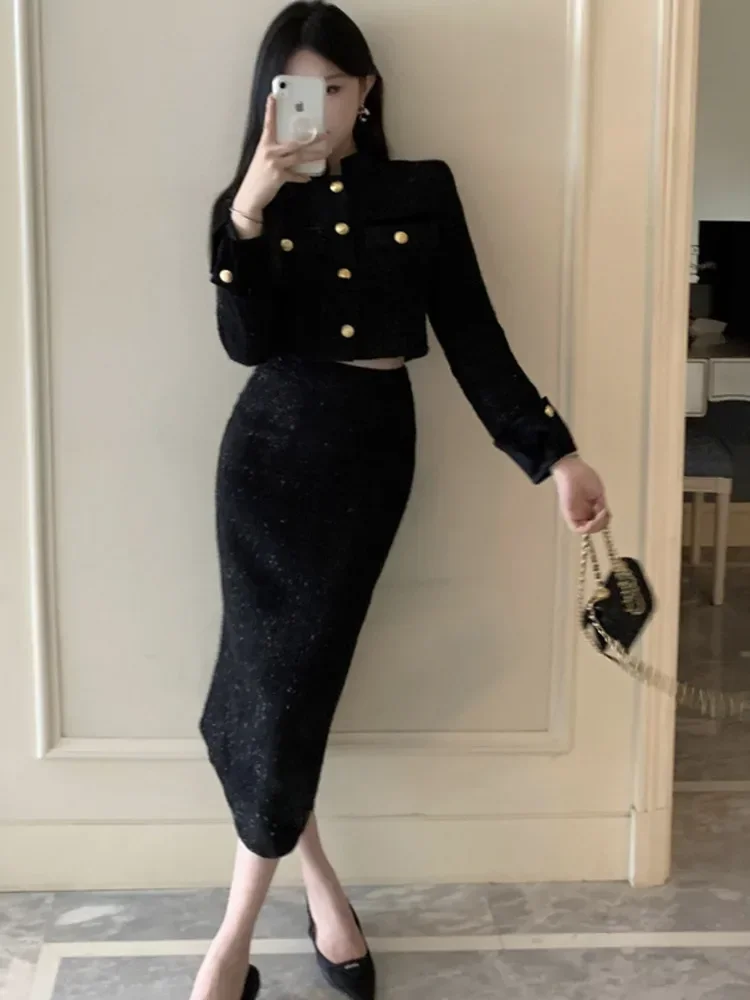 New French Luxury Eelgant Two Piece Set for Women Korean Fashion Long Sleeve Jacket Coat + Long Skirt Sets High Quality Suit