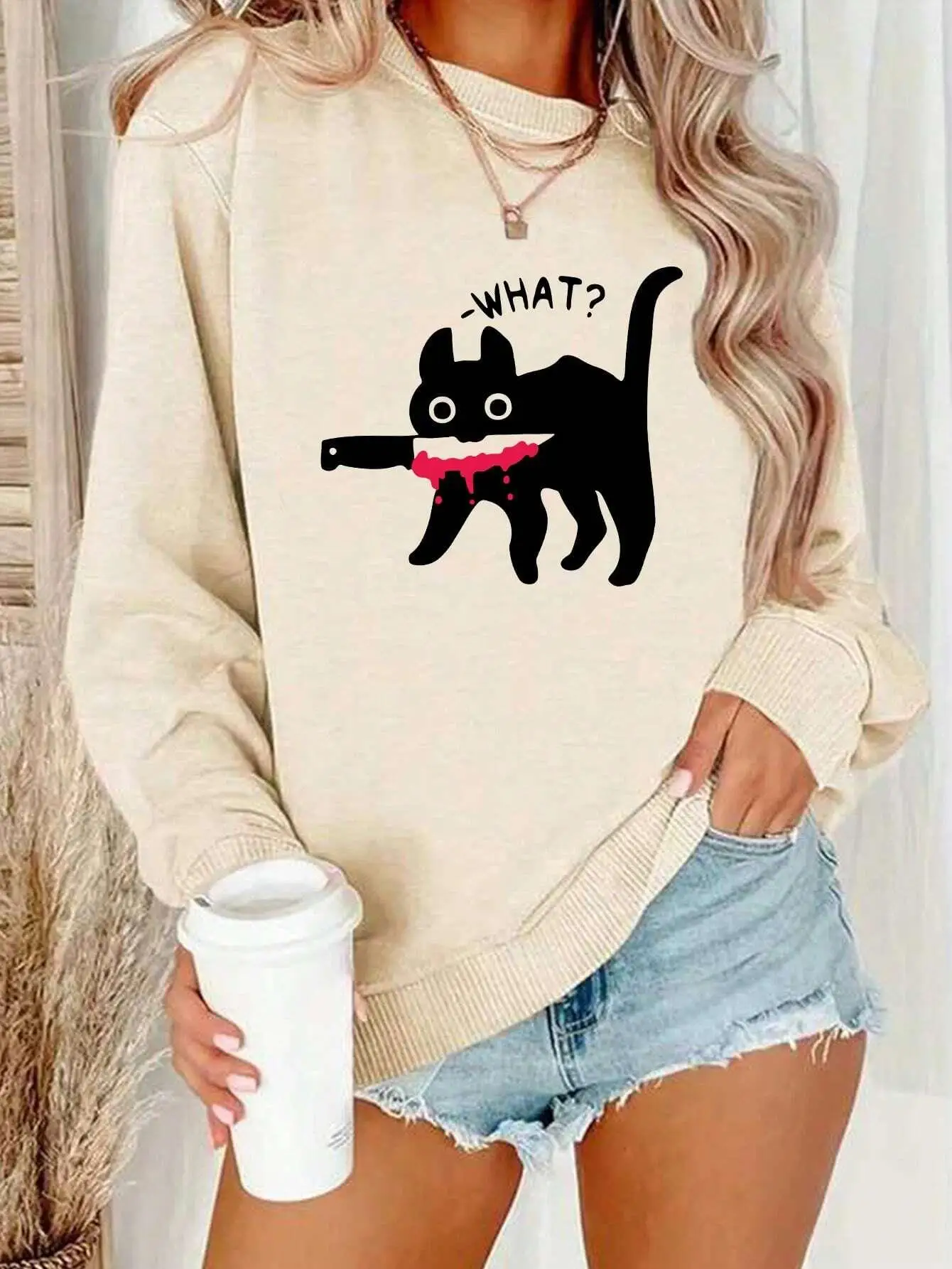 

Autumn Winter Womans Hoodie Surprised Black Cat Prints Sweatshirt Comfortable Crewneck Soft Pullover Casual Women's Clothing