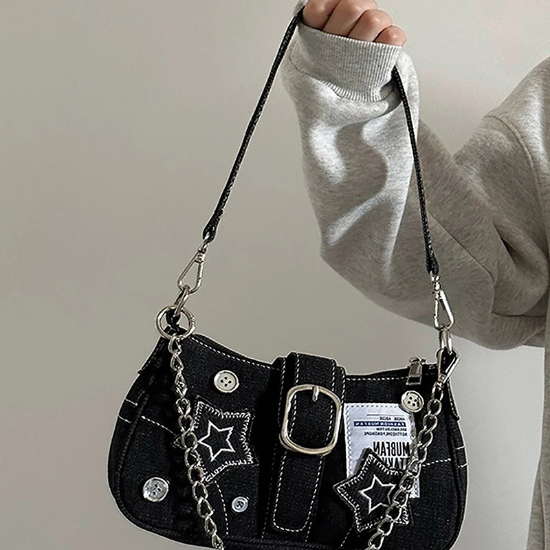 Y2k Fashion Women\'s Handbags Stars Pattern Cool Girls Underarm Bag Fashion Canvas Female Small Shoulder Bags Chain Tote Purses