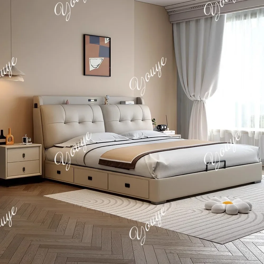 

N49 Modern Home Master Bed with Hidden Safe, Leather Bed, Minimalist Bed, Double Storage Bed with Drawers