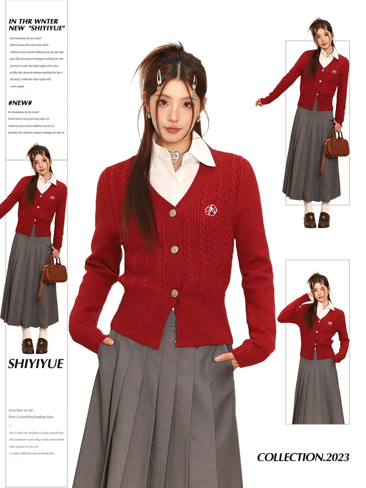 

Red V-Neck Knitted Sweater Coat Women's Inner Wear Slim Fit Spring Autumn Open Cardigan Short Top Retro Style November