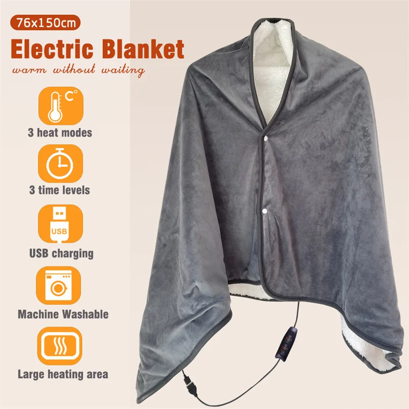 Portable Usb Heated Shawl Electric Blanket 3 Gear Temperature Adjust Winter Warming Blanket Flannel Wearable Blanket 76x150cm