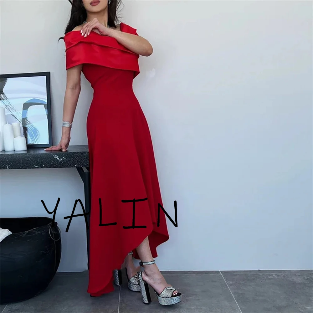 Yipeisha Simple High quality Red Jersey Evening Dress Off the Shoulder Draped Hi-Lo Ankle Length Formal Pageant Party Prom Gowns