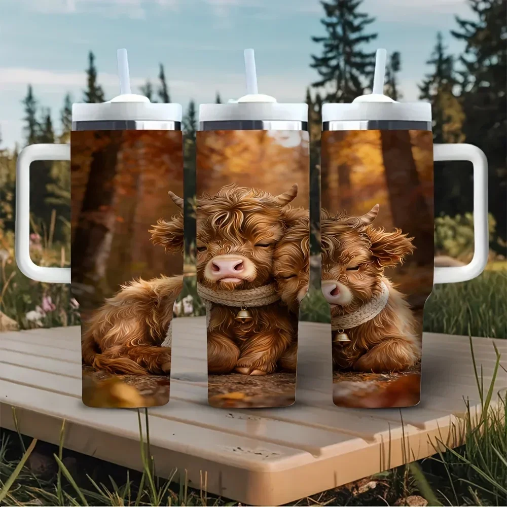 40oz Tumbler with Handle, Cute Shaggy Highland Cows Print Water Cup, Suitable for Men And Women, Works for Hot And Cold Drinks, Great for Outdoor Travel Daily Use All Year Round