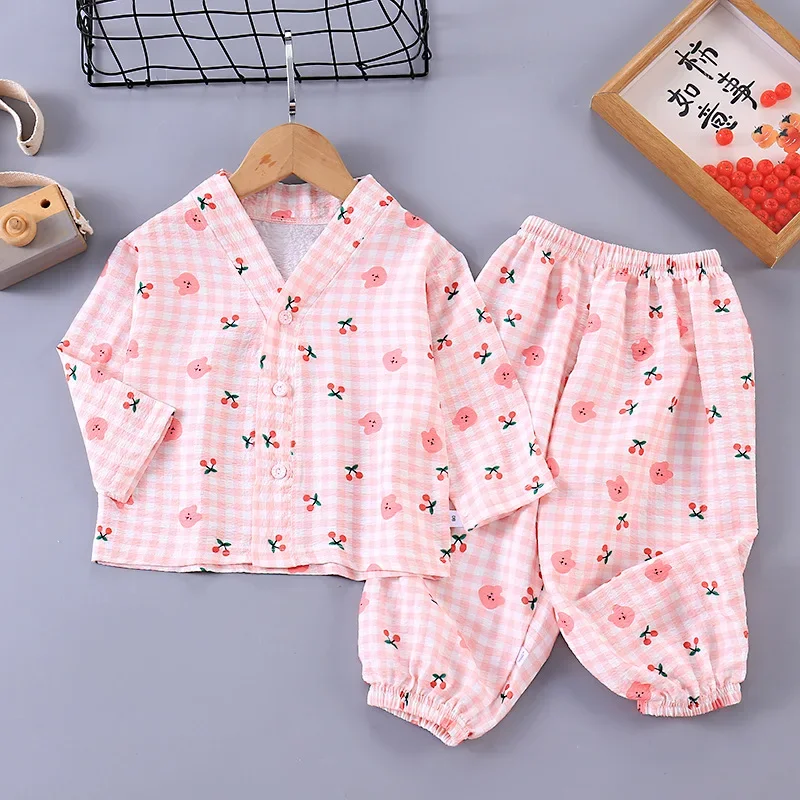 Neue 2024 Kinder Sommer Pyjama Baby Jungen Mädchen Cartoon Langarm V-Ausschnitt Hemd Tops Hosen Kinder kleidung Sets Lounge wear