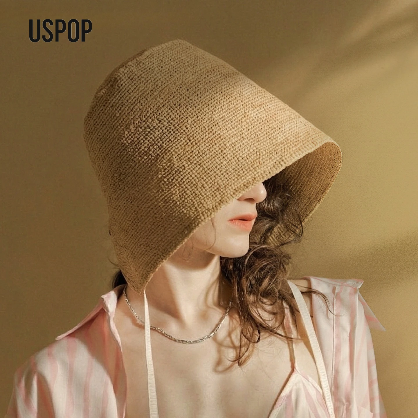 

Соломенная шляпа-клош USPOP из рафии для женщин, летняя пляжная шляпа с широкими полями и открытой задней частью на завязках