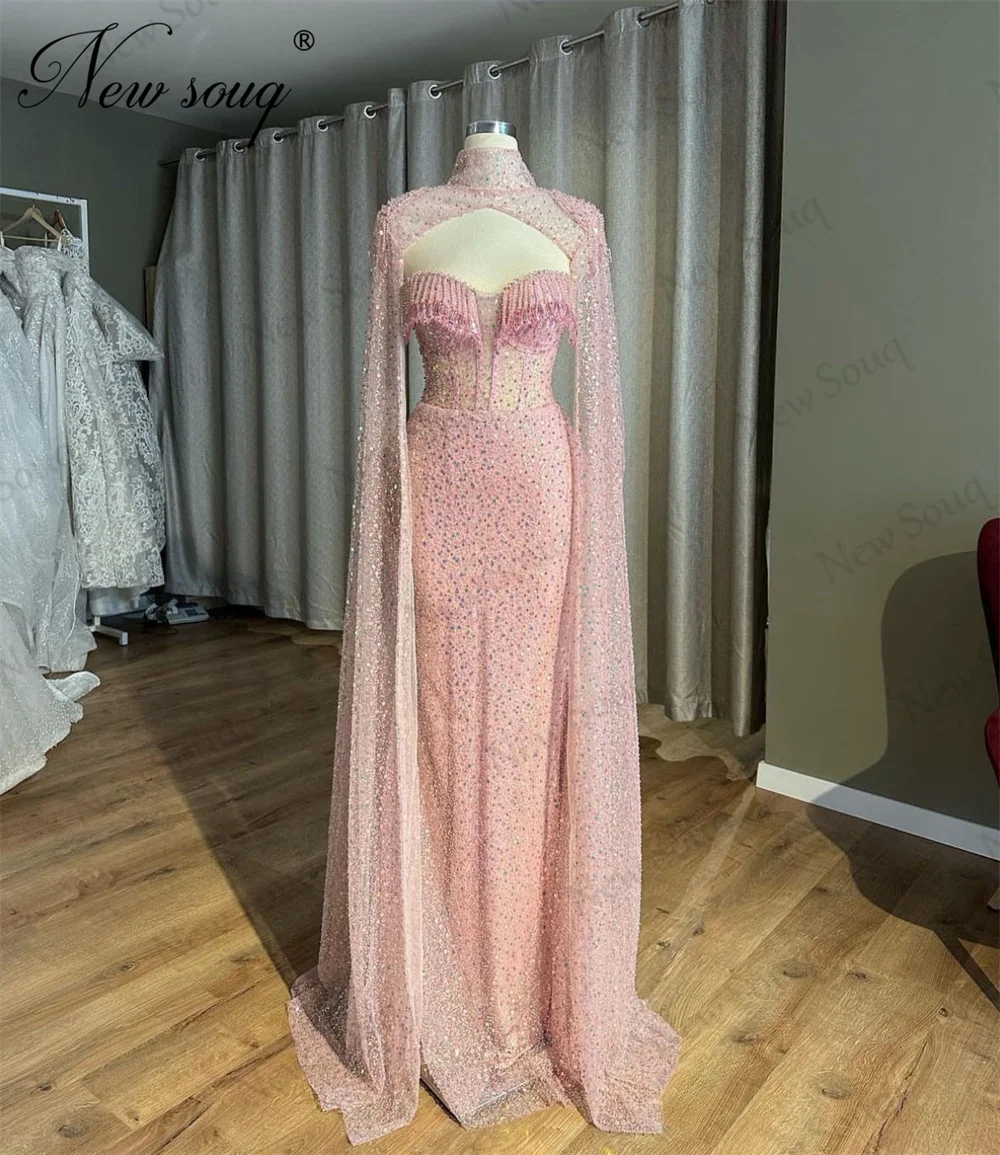 Mulheres Elegantes Pérolas Rosa Vestidos de noite com mangas de capa, Custom Made, Mermaid Beading, Pageant Prom Dress, Vestidos de festa de casamento