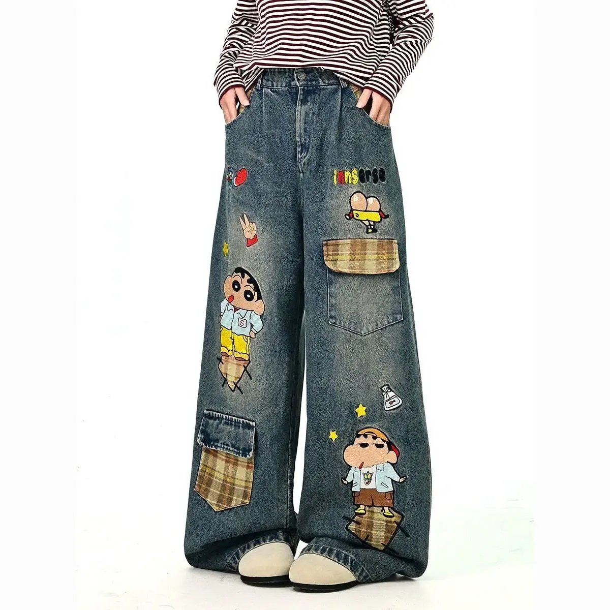 

Women's Crayon Shin-chan Baggy Jeans Wide Fit Cartoon Embroidery Denim Pants Korean Fashion Y2K Japanese Harajuku Cowboy