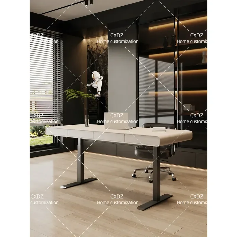 Italian Electric Intelligent Lifting Desk Modern Home Double Light Luxury Office Computer Workbench Solid Wood Cream Style