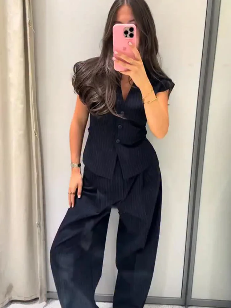 

HH Summer Women Fashion 2-Piece Set Single-breasted Sleeveless V-Neck Pinstripe Vest+Loose Belt Pleated Zipper Pocket Pants