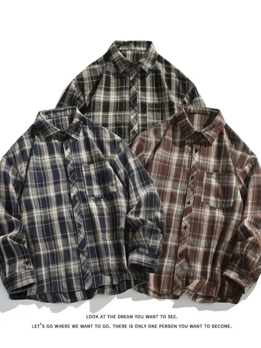 

Loose Men's Plaid Long Sleeve Shirt Casual Flip-Collar Korean Style Spring Fashion Outerwear Spring 2025 Large Size Men's Shirt