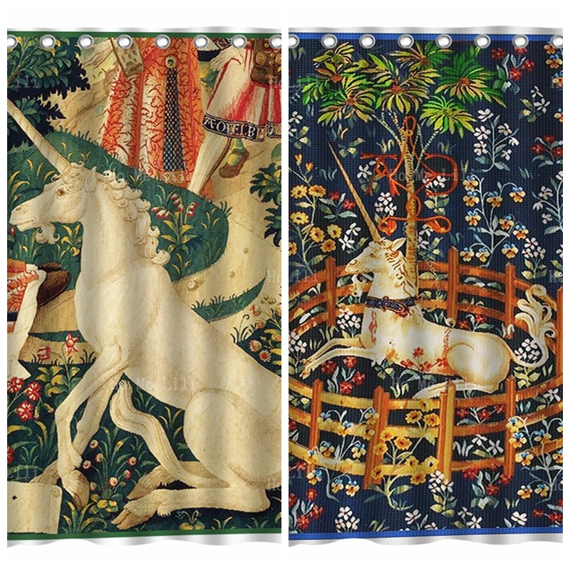 Pure White And Navy Blue The Last Unicorn Captivity Vintage Medieval Sign Noble Animal Paintings Shower Curtains By Ho Me Lili