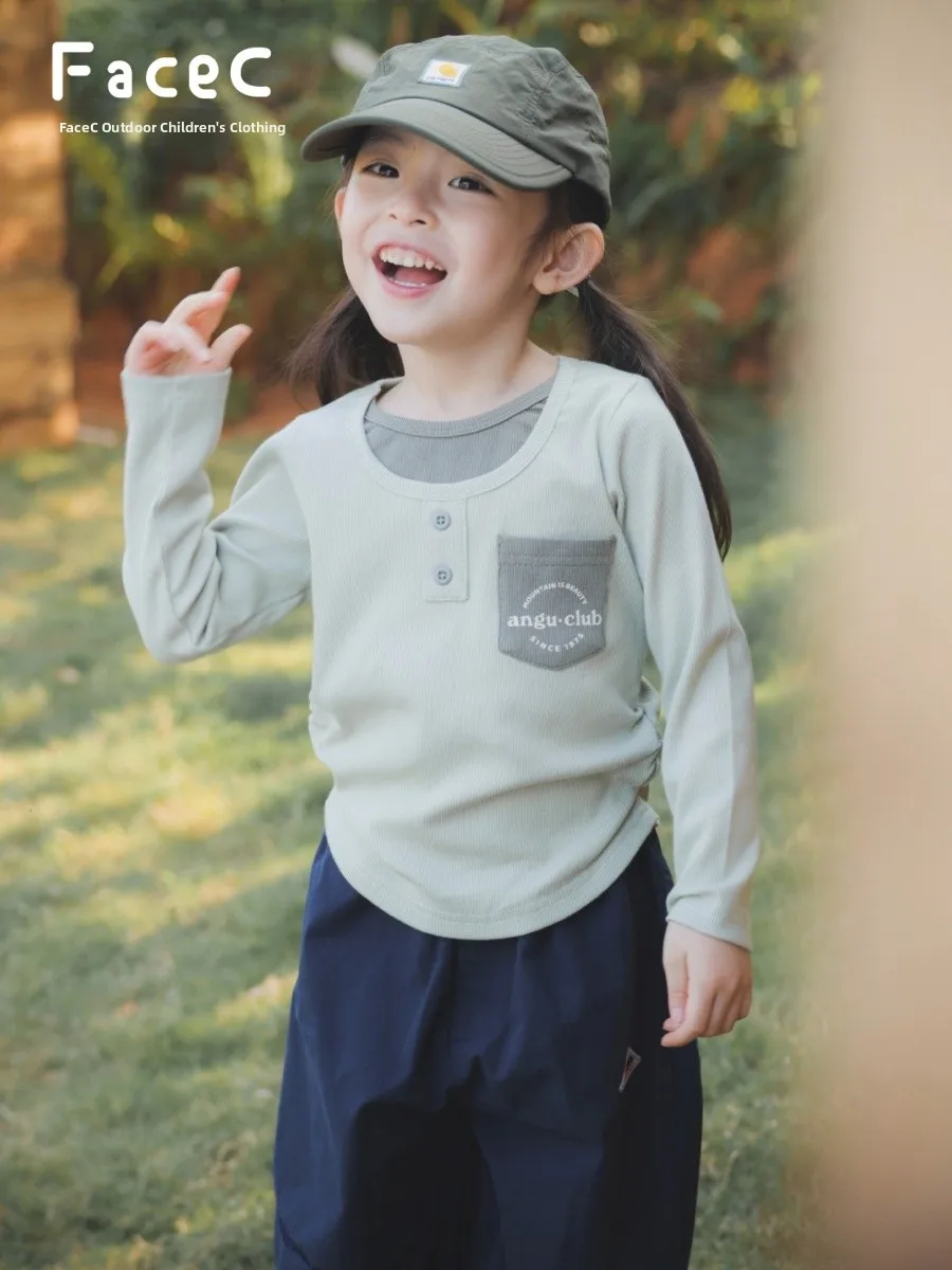 Spring Autumn Mountain Series Kids Matching Outfit Long Sleeve Knitted High Elasticity Cotton T-Shirt for Outdoor Camping