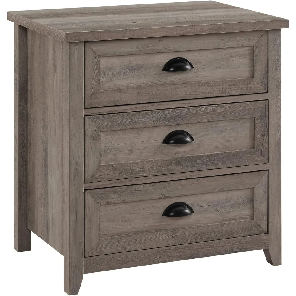 Hazel Modern Farmhouse 3 Drawer Framed Nightstand with Half-Moon Handles, 25 Inch, Grey Wash