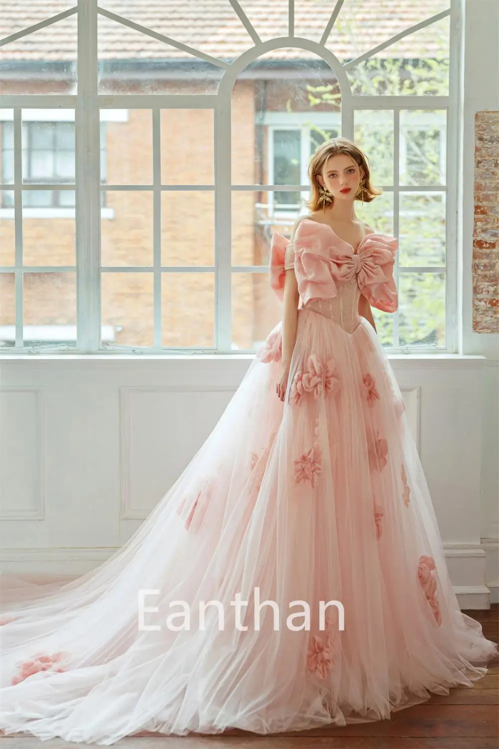 Robe de soirée en tulle rose, tenue de princesse, ligne A, avec nœud ouvert, longue, pour fête