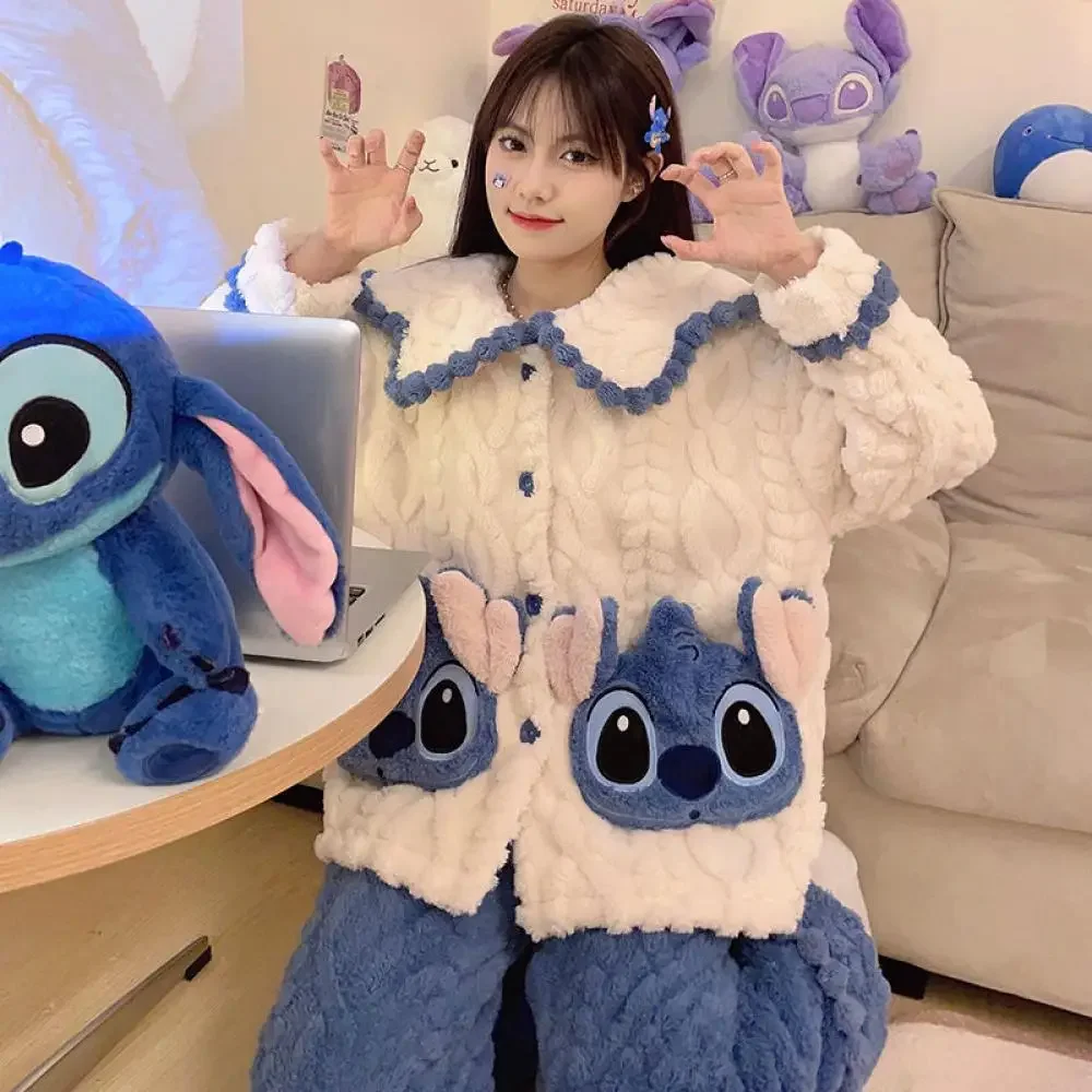 Conjunto de pijamas de terciopelo Coral de punto de Anime para mujer, conjunto de ropa cálida y gruesa para el hogar, Estilo Princesa de Disney, otoño e invierno
