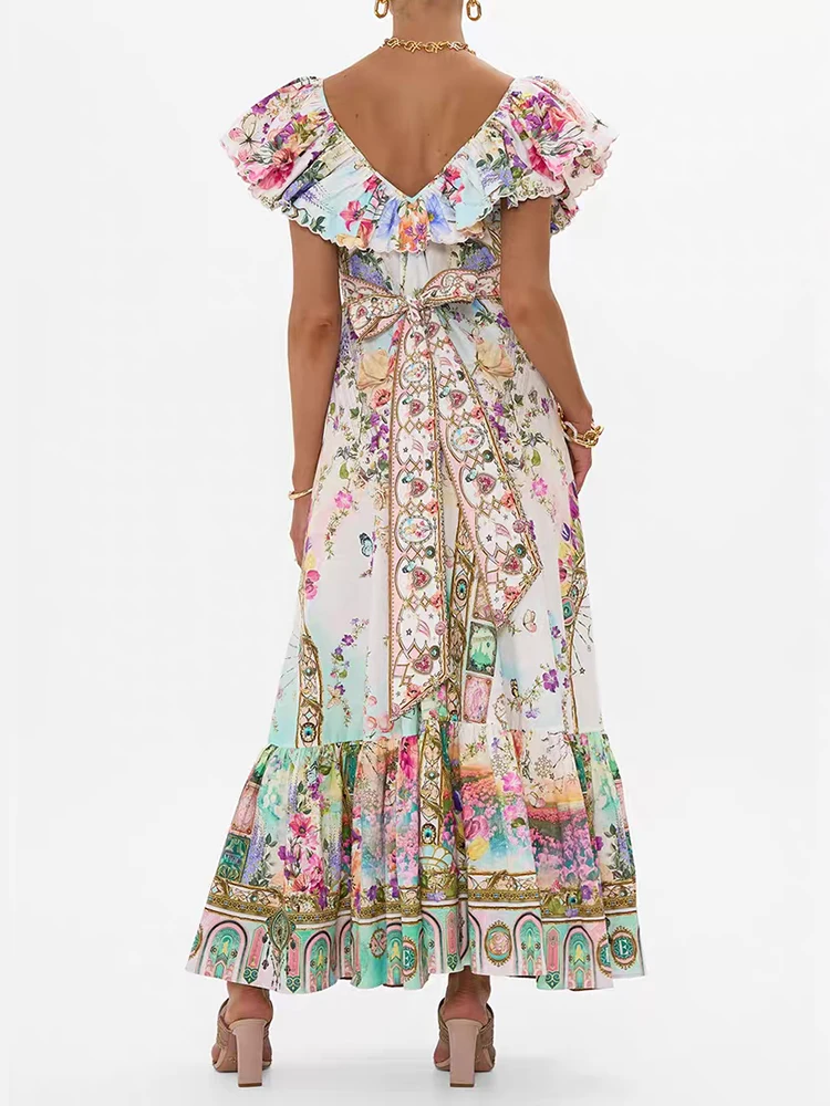 Vintage geometric print fly-sleeve V-neck high-waisted vest dress 2025 summer women's fashion pleated loose A-line pommel skirt