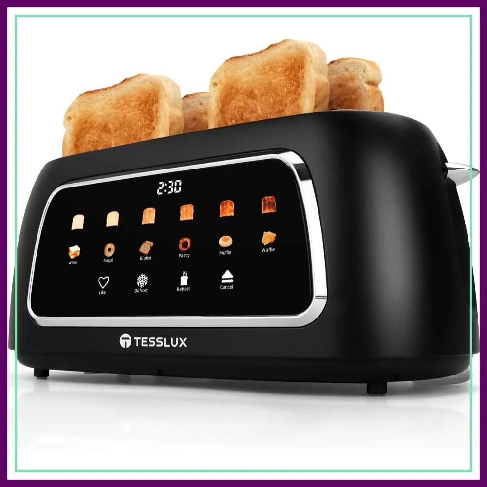 

4 Slice Toaster with Touch Screen, 1.5" Wide Long Slots, 6 Browning Levels, Digital Timer, Defrost, Reheat, Black
