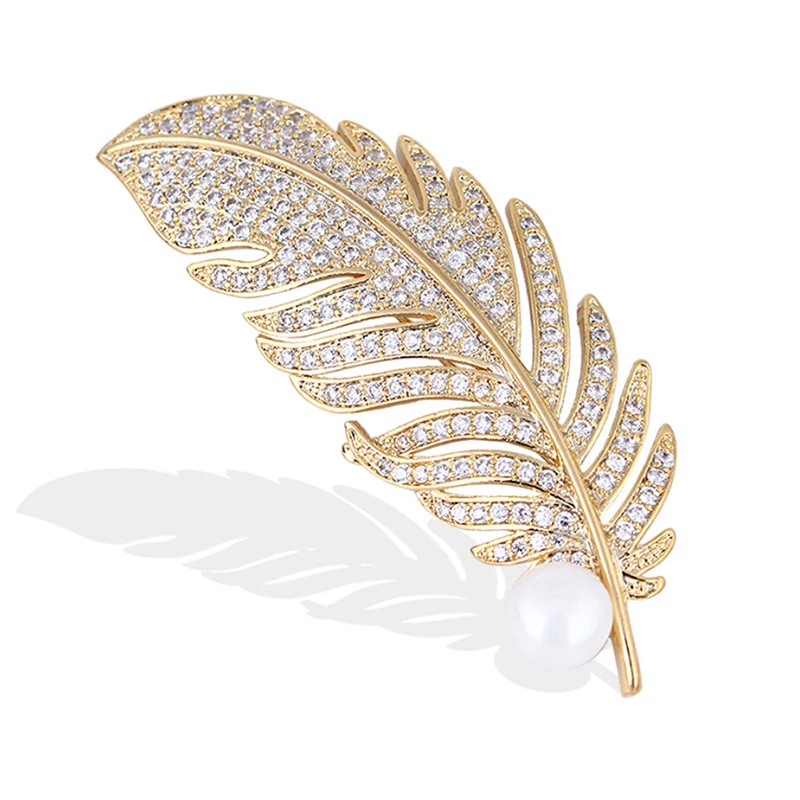 Fashion Women Crystal Feather Brooch Delicate Gold Jewelry Brooch Ladies Cute Pin Dress Coat Wedding Accessories