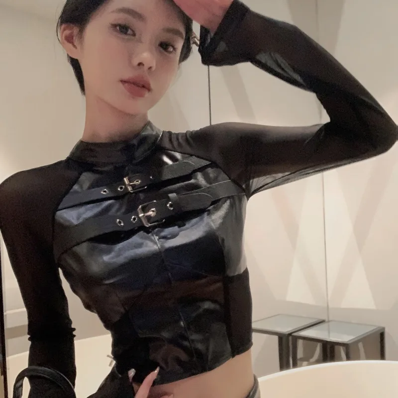 

Sexy Spicy Girl Design Street Mesh Leather Patchwork Elastic Short Top Women's Unique Buckle Chic Half High Collar T-shirt