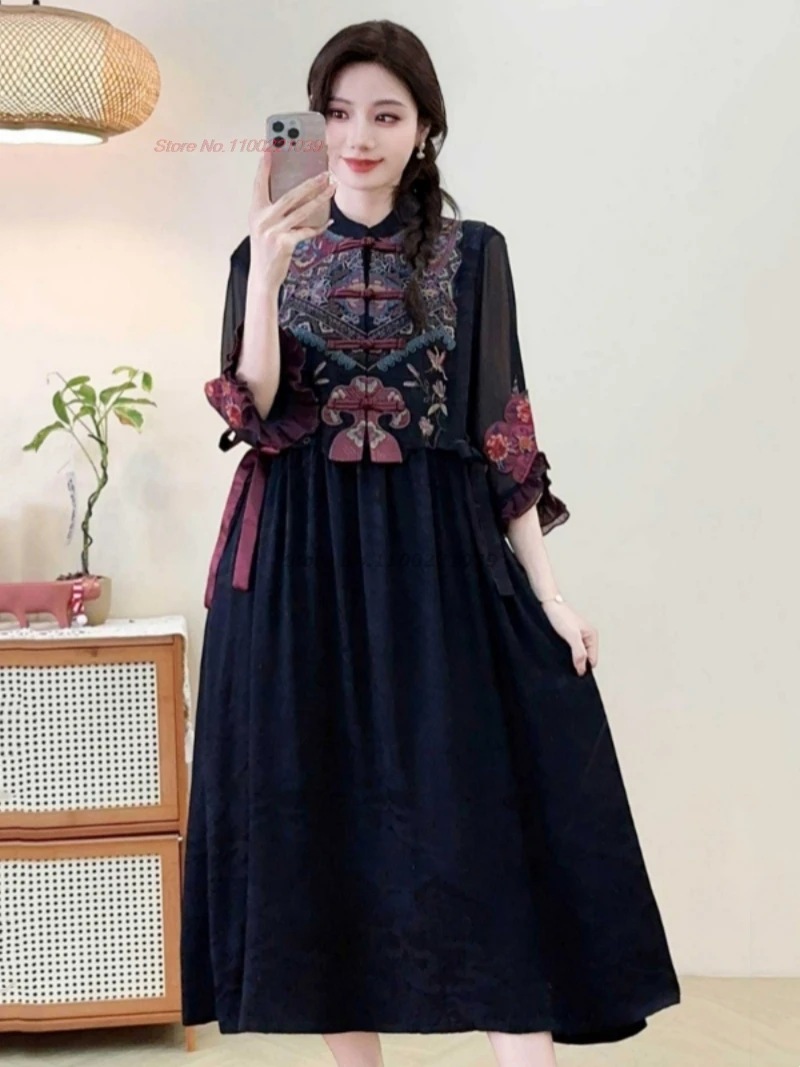 

Китайское винтажное платье 2025 года, улучшенное платье без рукавов с национальной цветочной вышивкой hanfu, восточное атласное жаккардовое народное платье трапециевидной формы