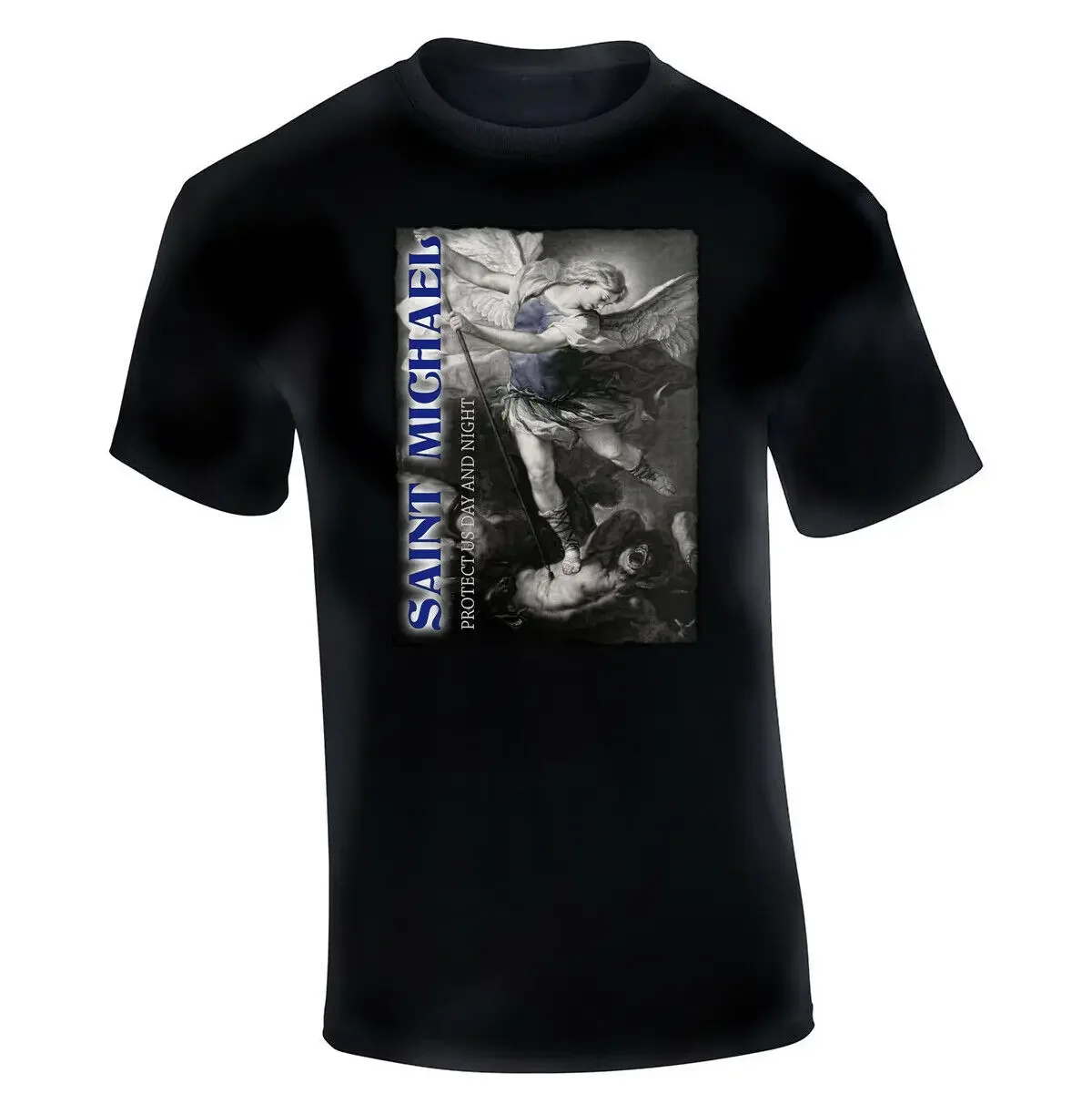 

Saint Michael Protect Us Day and Night. Archangel Law Enforcement T-Shirt. Summer Cotton Short Sleeve O-Neck Mens T Shirt New