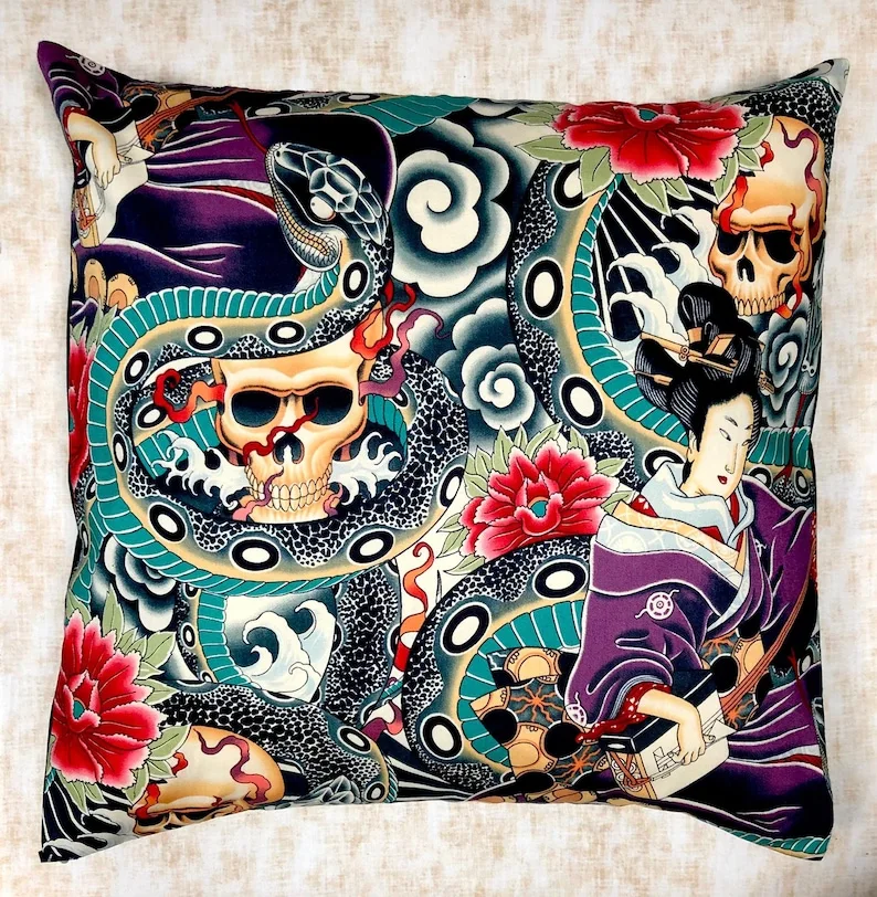 Awesome japanese tattoo style design with Geisha, Snakes & Skulls ~ Cushion Cover Fits an 18