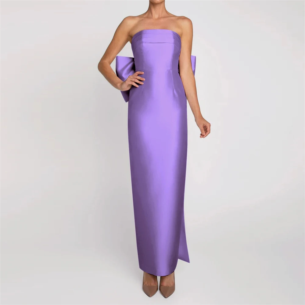 Light Purple Dubai Prom Dress Long 2024 Big Bow Strapless Simple Satin Arabic Evening Gowns Wedding Party Dresses Customized