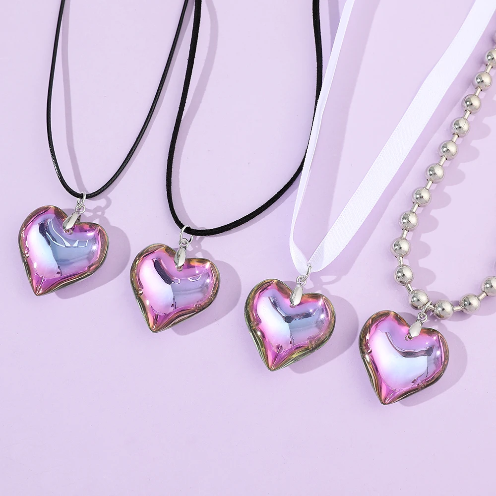 Double Layered Simple Bow Crystal Heart-Shaped Necklace Temperament Spicy Girl Style Clavicle Chain Jewelry for Women Accessory view 5