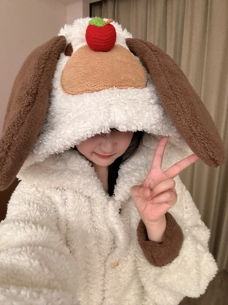 

Thiened Coral Fce Hooded Robe Women's Winter Home Clothes Long Cartoon Print Fluffy Ear Rabbit Padded Mid-Length S...