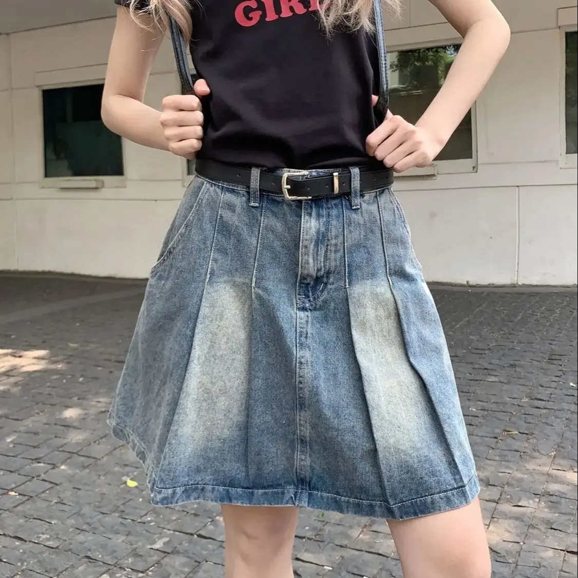 Pleated Washing Denim Skirt Women Spring Summer New Niche Design Retro Nostalgic Casual Fashion Umbrella Skirt