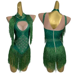 Fashion Green Rhinestone Bodysuit Tassels Sexy Club Party Performance Leotard DS Team Pole Dance Stage Outfit Fangkuai
