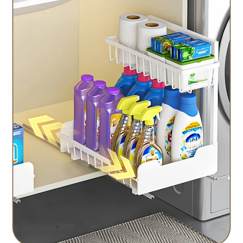 2 Tier Sliding Drawer Kitchen Spice Jar Storage Rack Adjustable Pull-out Sink Organizer Spice Jar Storage Rack Cabinet Rack 2