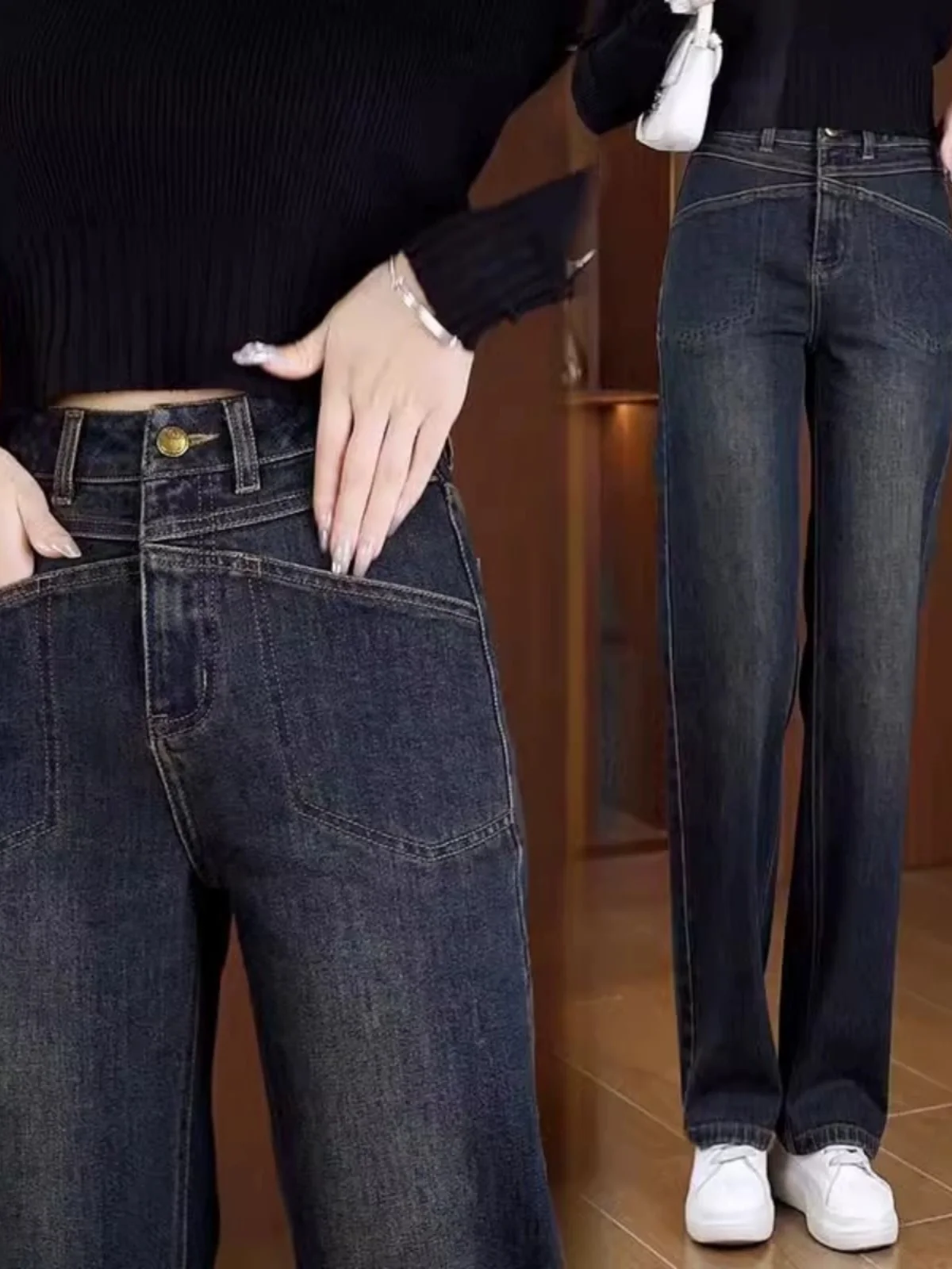 

High Waist Wide Leg Fce Lined Thiened Denim Jeans Women's Casual Straight Leg Trousers Slimming Sle Autumn Winter New ...