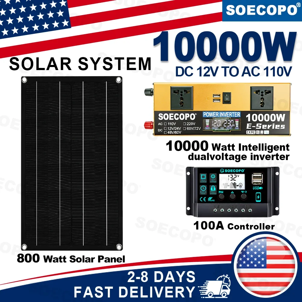 Ships From US Warehouse 10000W Peak 1100W Rated Power Solar Energy Kit with 50W Panel 100A Charge Controller DC 12V To AC 110V Inverter Dual Outlets USB Ports Fast Delivery for Home Backup RV Camping Van TV Computer Fan Lighting Off Grid Use