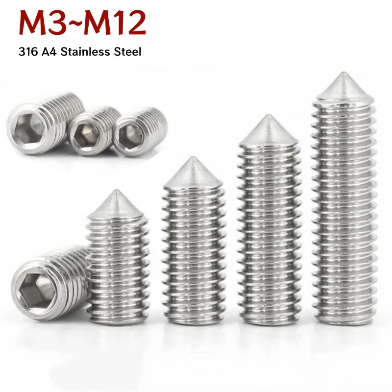 Marine Grade 316 A4 Stainless Steel Hex Socket Tapered End Grub Bolt Set Screws M3 M4 M5 M6 M8 M10 M12 Cone Point Grub Screw
