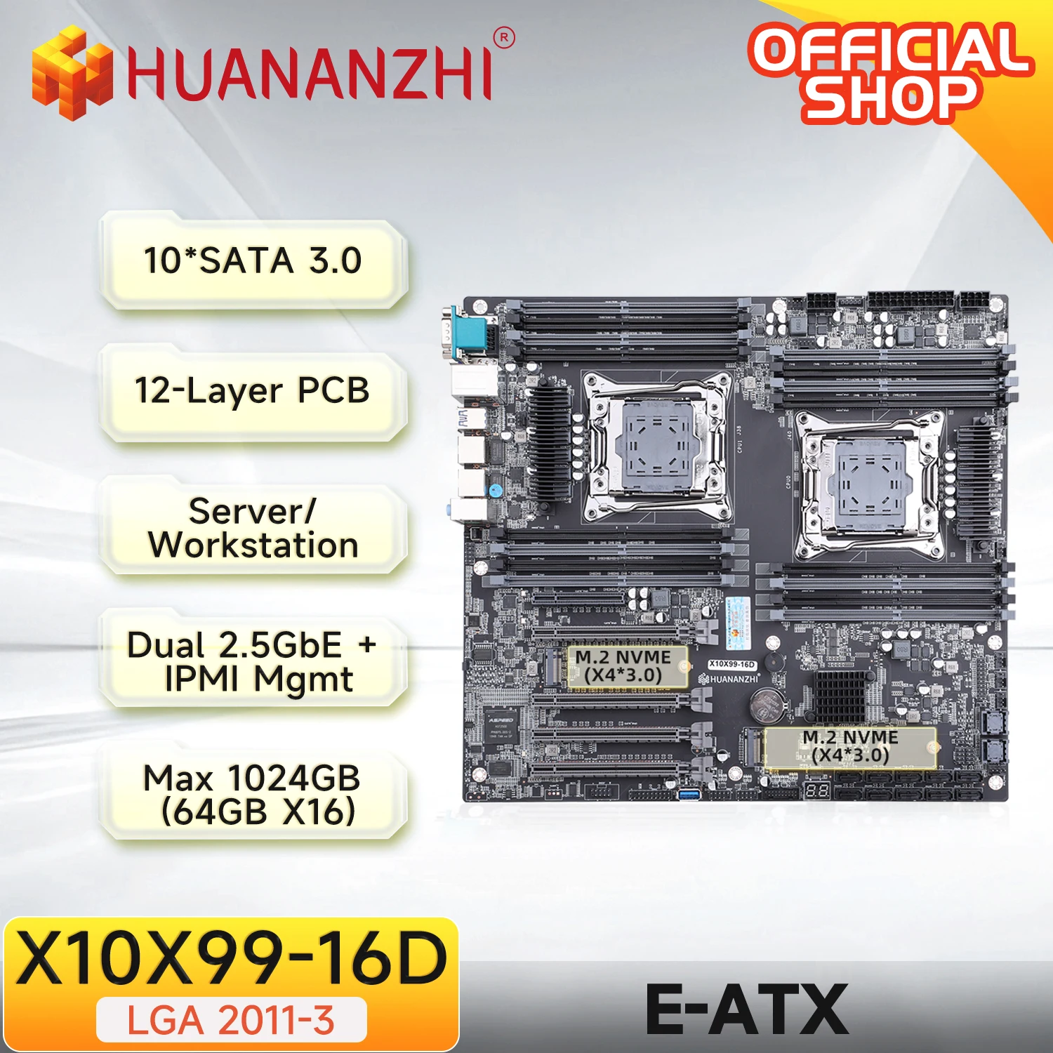 

HUANANZHI X10X99 16D LGA 2011-3 XEON X99 Motherboard support Intel Dual CPU E5 2640 2666 2670 2696 2678 V3 V4 DDR4 RECC NVME RU