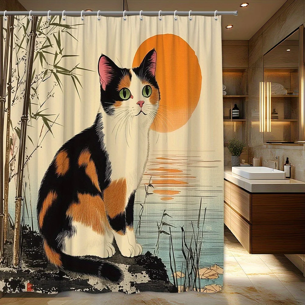

Cute Cat and Bamboo Shower Curtain Waterproof Bathroom Liner Polyester Pet Animal Design Tropical Decor Home Shower Curtain