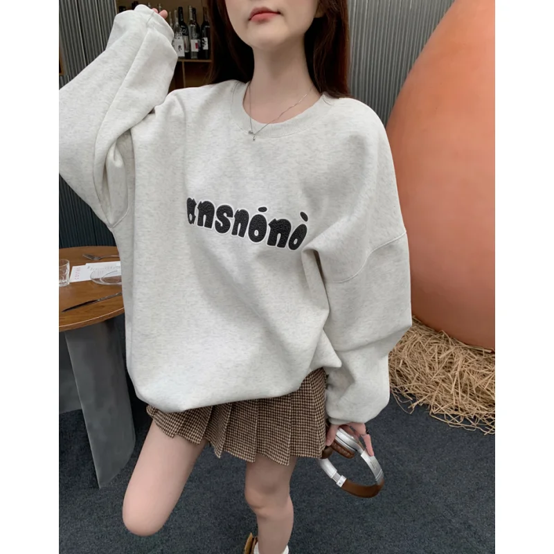 

Grey Sweatshirt Jacket Women Vintage Sweatshirt Round Neck Long Sleeve Streetwear Fashion Casual Y2K Winter Plush Female Tops