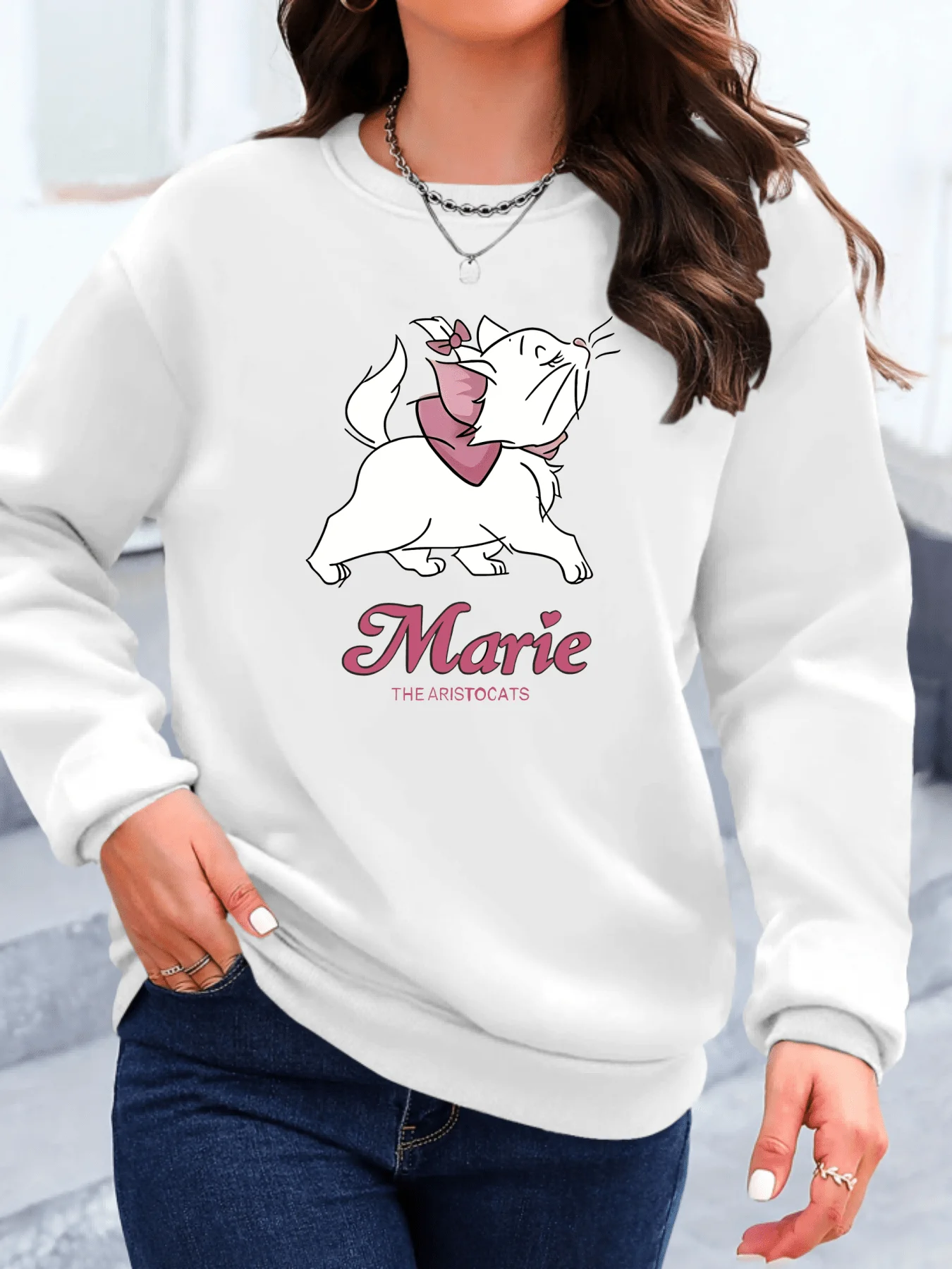 Sudadera de gatos de Marie los Aristogatos de Disney, sudaderas con capucha de algodón para hombre y mujer, jersey de lana de gran tamaño con cuello redondo para otoño e invierno, abrigos superiores