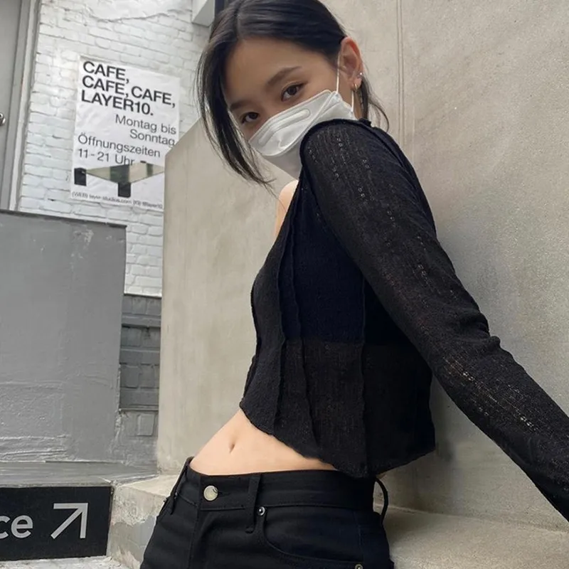 Karrram Grunge Irregular Crop Tops Sexy See Through T-shirts Korean Fashion Designer Clothes Skew Collar Mesh Tops Streetwear