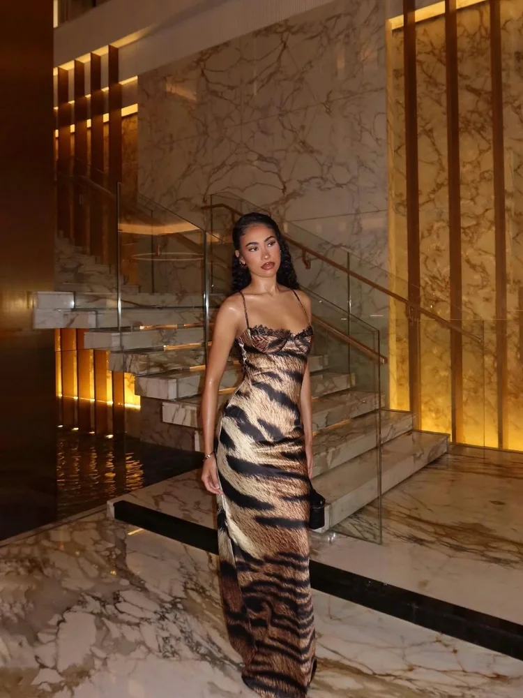 

Womens Animal Pattern Printed Sling Dress Chic Low Cut Sleeveless Lace Patchwork Slim Maxi Dresses 2026 Lady Party Date Robes