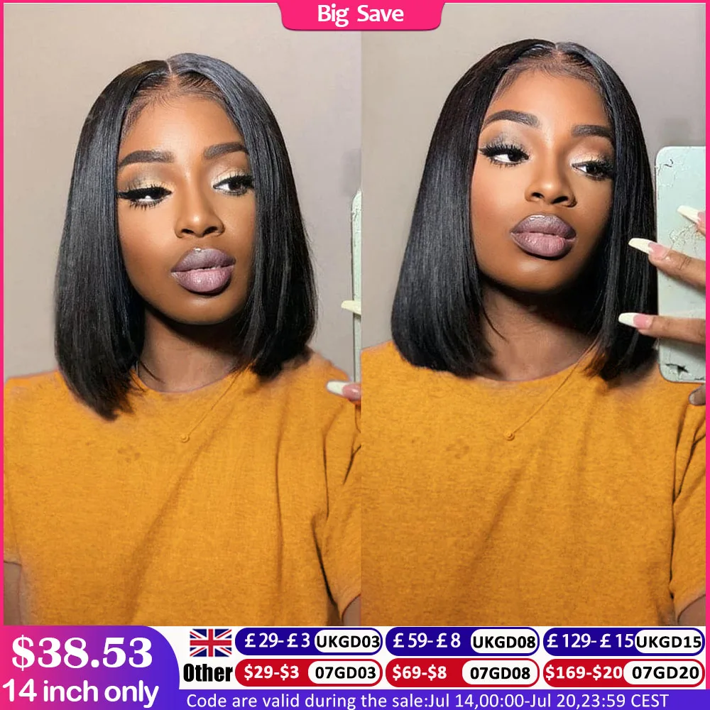 Perruque Bob Lace Front Wig sans colle naturelle, cheveux lisses, HD, 13x6, pre-à-porter, 100% de densité, pour femmes